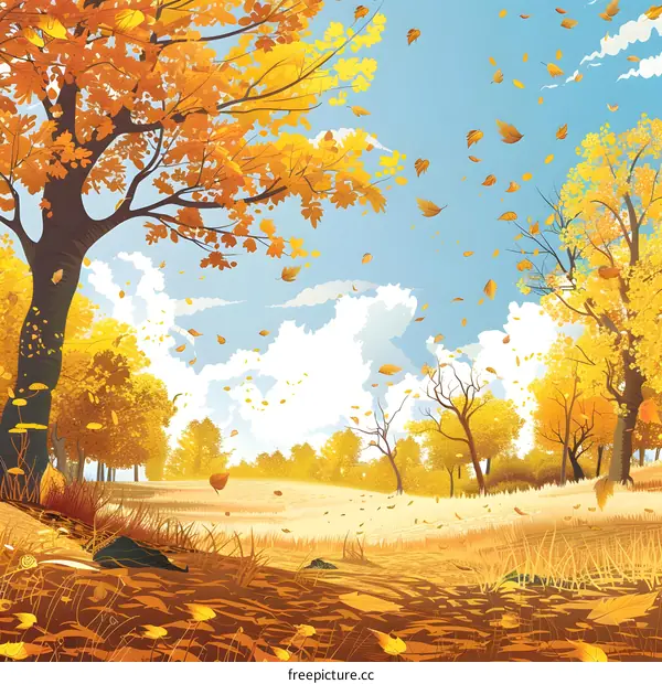 Autumn Landscape With Falling Leaves In The Wind