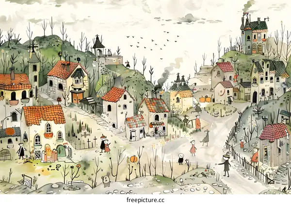 Watercolor Illustration of a Small Town with Houses and People