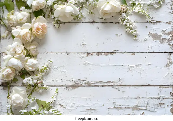 White Roses On Rustic White Wood Background