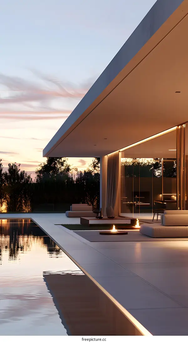 Modern Minimalist Home with Swimming Pool and Patio at Dusk