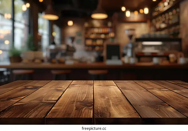 An empty wooden table in a cafe with a blurred background