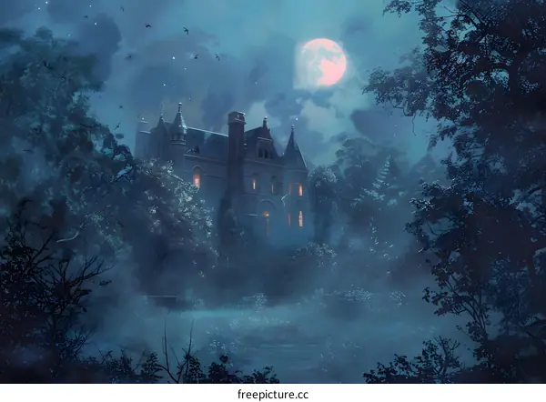 Moonlight Illuminates a Stone Castle in the Woods