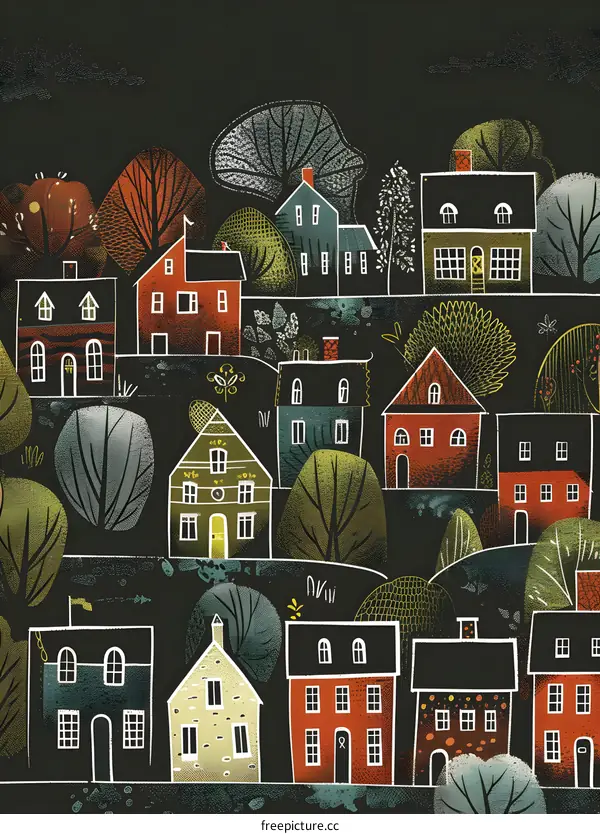 Night Village Illustration with Hand Drawn Style