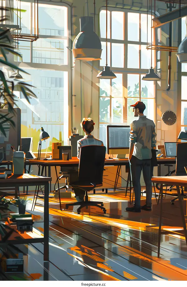 A couple is working in a modern office