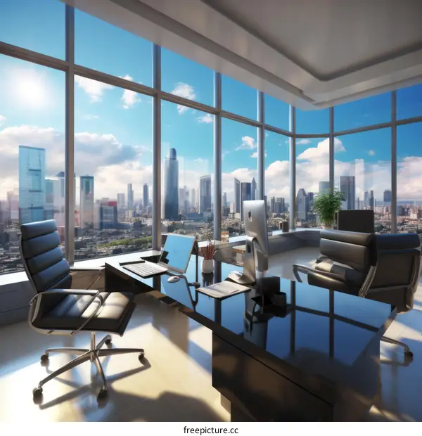 Modern office interior with large windows and city view