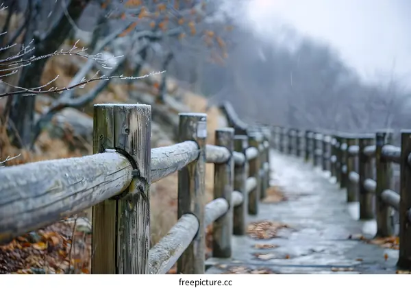 Wooden Fence in Winter with Snow and Fog