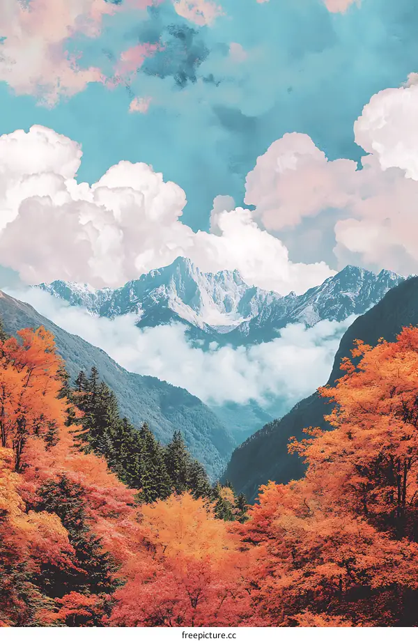 Autumn Mountain Landscape With Snow Capped Peaks And Clouds