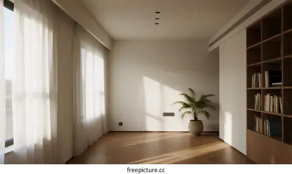 Bright and spacious modern living room with large windows and bookshelf