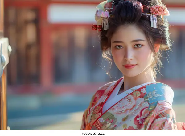 Portrait of a beautiful Japanese woman in traditional kimono