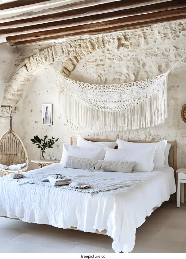 White Bedding in a Rustic Bedroom with Stone Wall