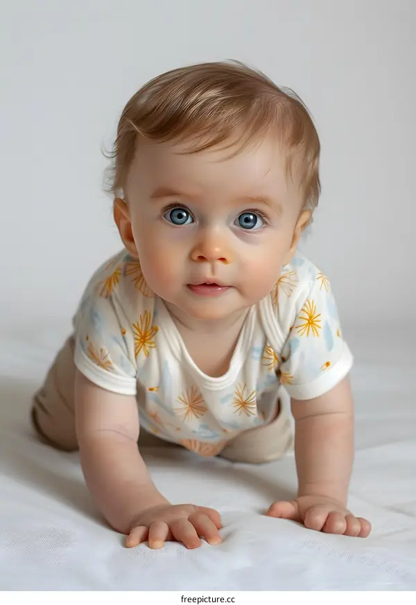 Baby Crawling on White Fabric