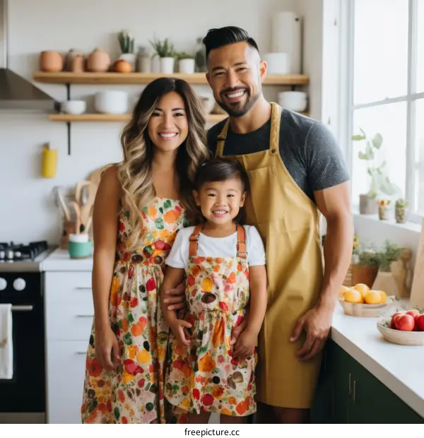 Asian family of three in the kitchen