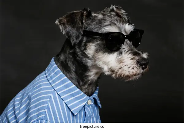 A cute dog wearing sunglasses and a striped shirt