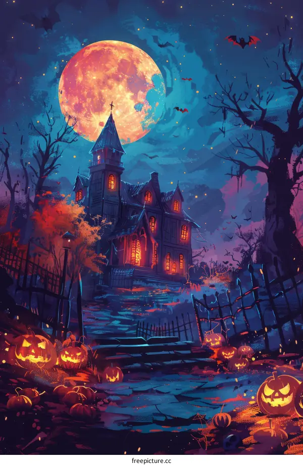 Haunted House with Pumpkins in the Woods