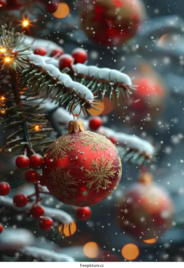 Snowy Christmas Tree Decorations and Lights