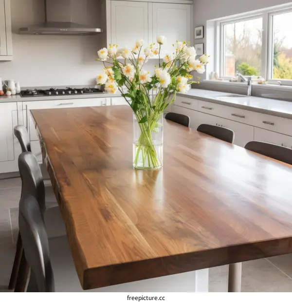 Modern Kitchen Interior with Flowers on a Wooden Table