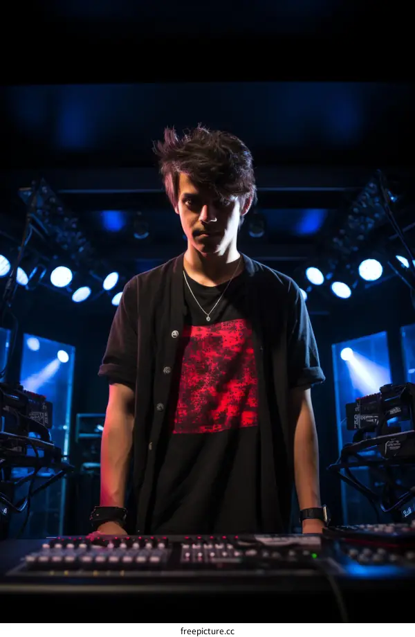 Young male electronic music producer standing in front of a dj mixer with a serious look on his face