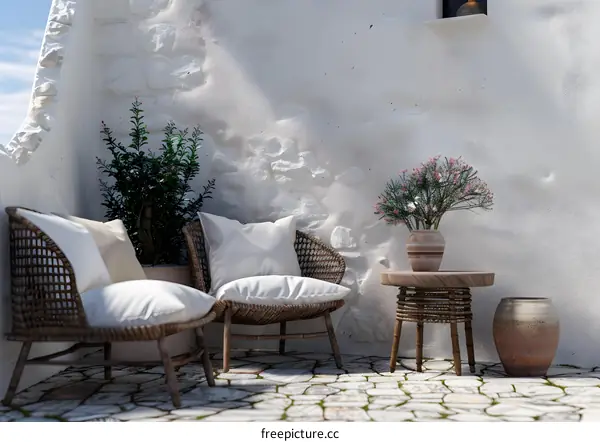 White Wall Patio with Wicker Chairs and Flowers