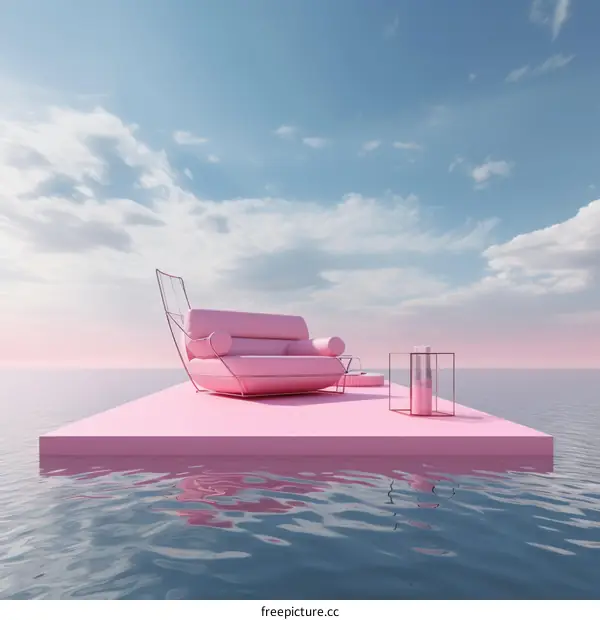 Pink surreal seascape with floating sofa