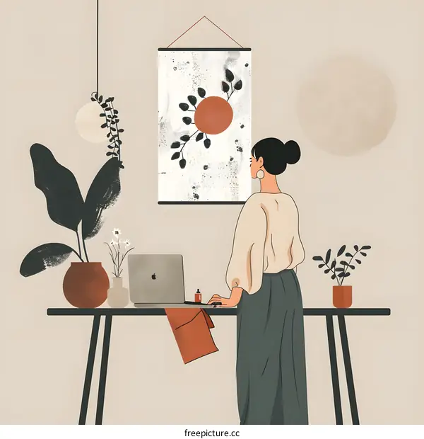 Woman Standing at Desk in Minimalist Home Office Illustration