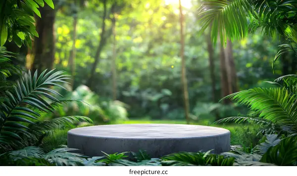 Empty Round Concrete Pedestal in Lush Green Forest