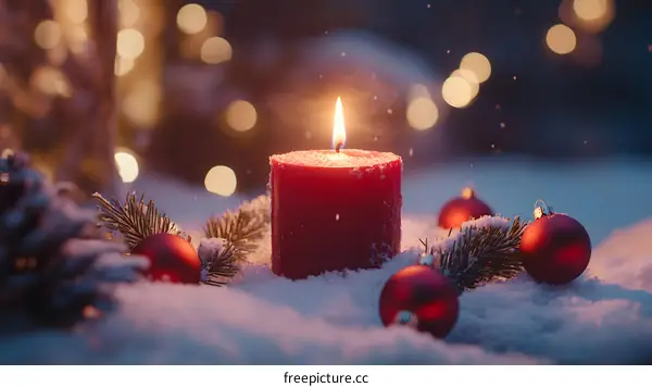Red Christmas Candle Burning in the Snow