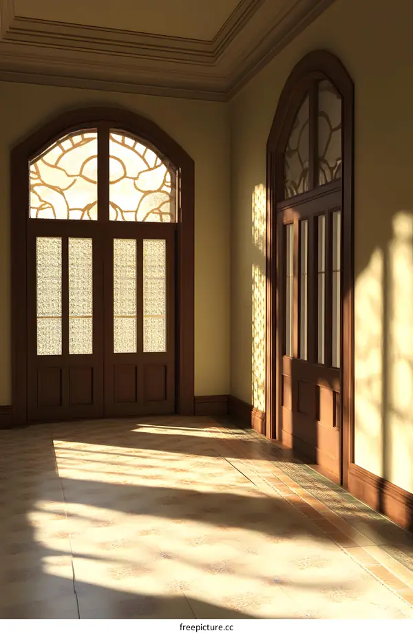 Sunlight Through Stained Glass Windows In A Vintage Hallway