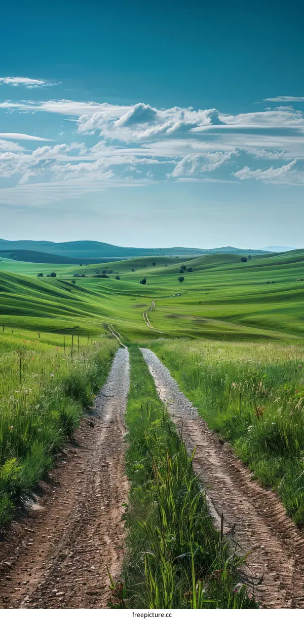 Country Dirt Road Leading Through Lush Green Hillside