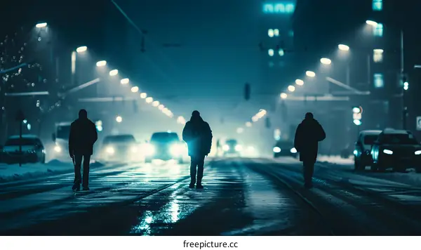 Three Silhouettes Walking on a Snowy Street at Night