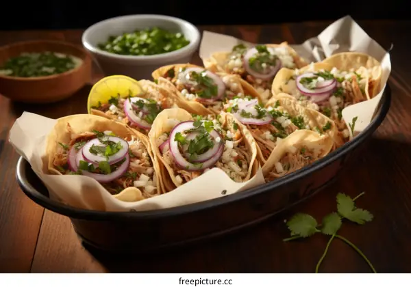 A plate of Mexican tacos with pork, onions and cilantro