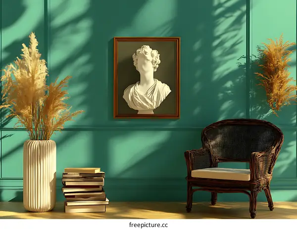 Minimalist Interior Design With Wicker Chair And  Plaster Bust