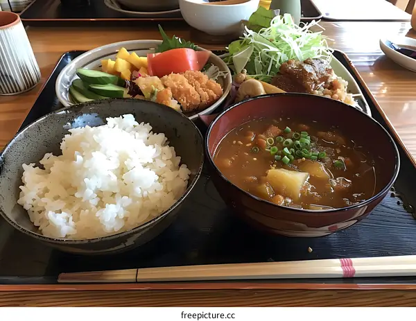 A delicious Japanese dish with rice, curry, salad, and fried shrimp