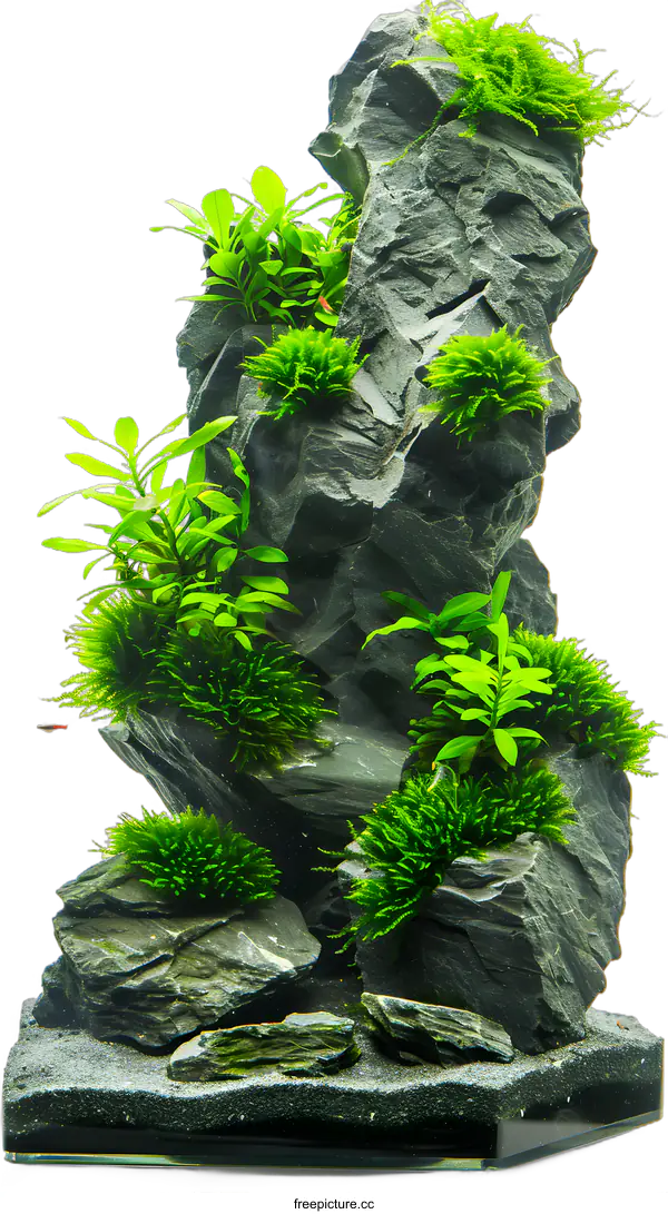 [Transparent Background PNG]Aquarium Landscape with Green Moss and Rocks