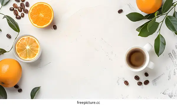 Coffee Cup With Orange Slices And Coffee Beans