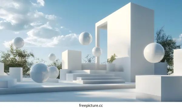 White Geometric Shapes with Floating Spheres in a Minimalist Landscape