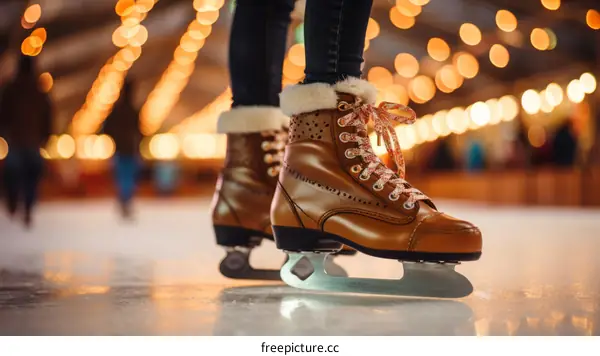 Person ice skating on a rink with blurred lights in the background