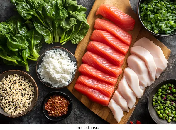 Raw Tuna, Chicken, and Spinach for Sushi