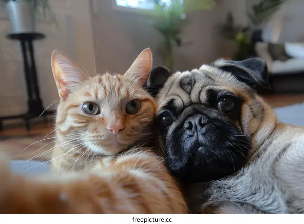 An orange cat and a pug taking a selfie together