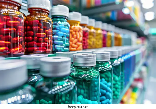 Colorful Pharmacy Shelves with Pill Bottles