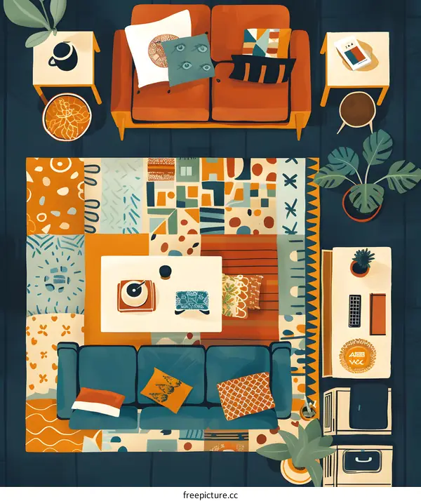 Abstract Illustration of a Living Room with Couch, Coffee Table, and Plants