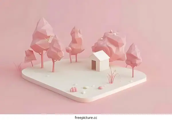 Pink Low Poly Style 3D Illustration of a House in the Forest