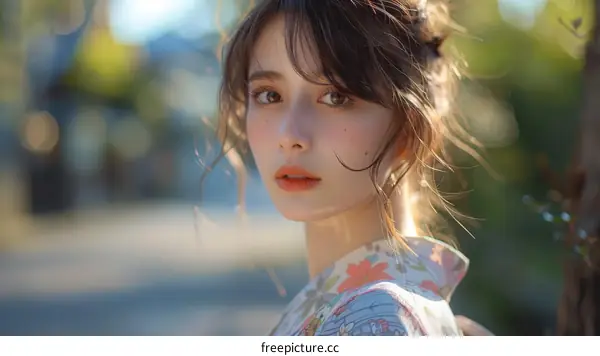 Asian Woman in Traditional Japanese Kimono Outdoor Portrait