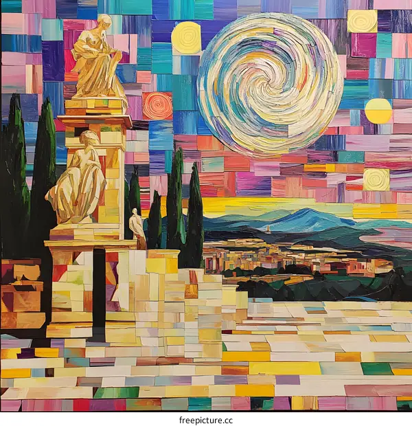 Abstract Mosaic Night Sky with Swirling Moon and Figures