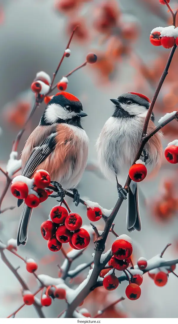 Two Birds Perched on a Branch with Red Berries in Winter