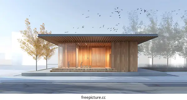 Modern Wooden Building with Glass Walls and Birds Flying Above