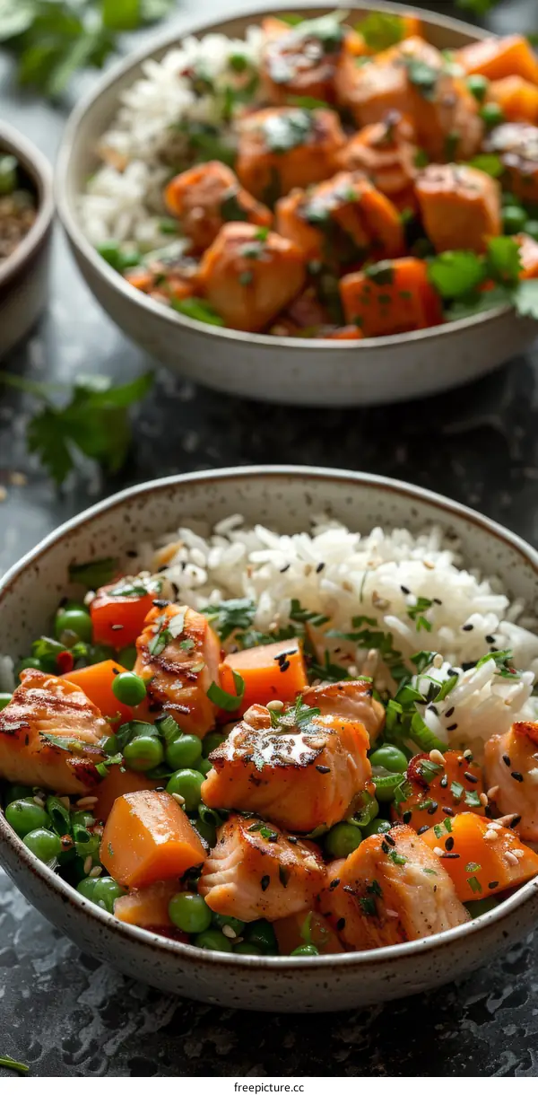 Salmon and Snow Peas Stir-Fry with Sweet Potatoes and Rice