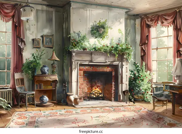 An illustration of a living room with a fireplace