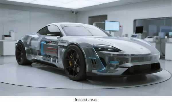 Advanced Electric Sports Car with Transparent Body in Lab
