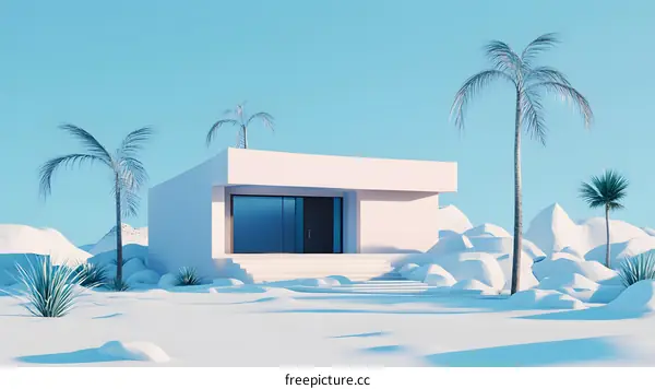 Minimalist White House with Palm Trees in Desert