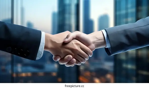 Business people shaking hands over a cityscape background